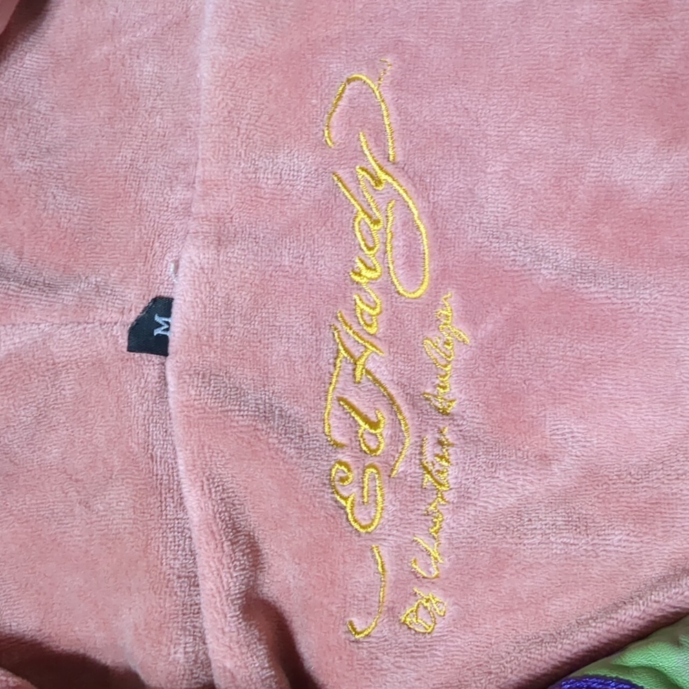 Ed Hardy by Christian Audigier Green Pink Leather Jacket hoodie Women's Medium - Picture 5 of 13